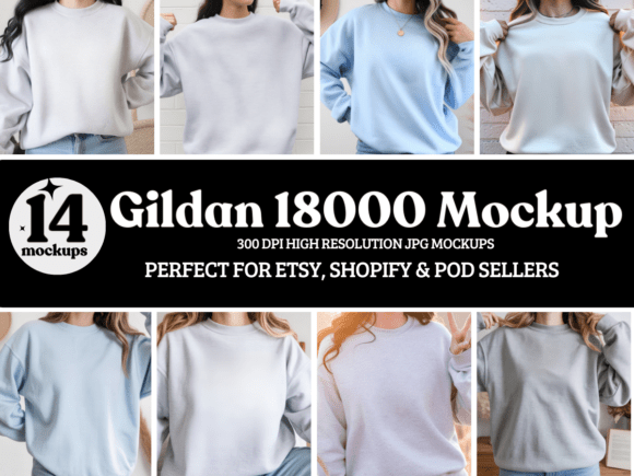 Gildan 18000 Sweatshirt Mockup Bundle for Product Mockups