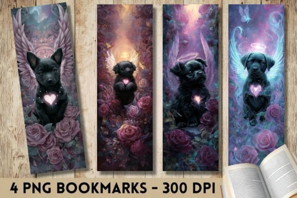 Gothic Angel Black Dog Rose Bookmark PNG for Crafts and Branding