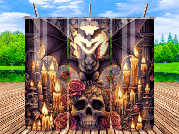 Gothic Bat Skull Candle Tumbler Wrap for Editorial and Web Design