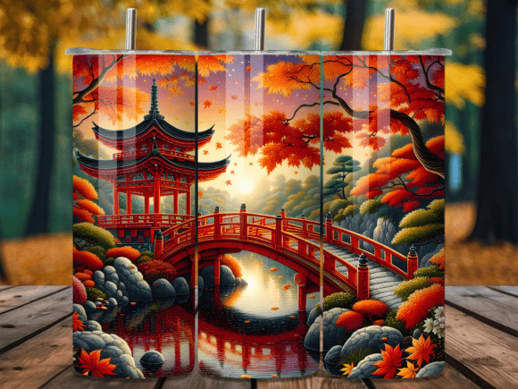 Japanese Garden Bridge Autumn Tumbler Wrap for Seasonal Branding